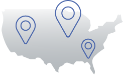 Map of the United States with three location pins